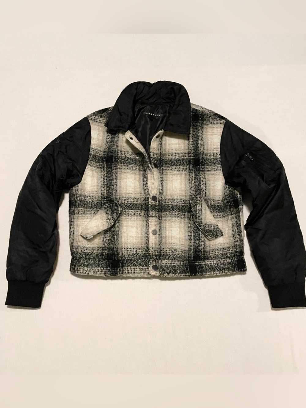 Kuwalla Mixed Media Plaid Bomber Jacket Black White Medium
